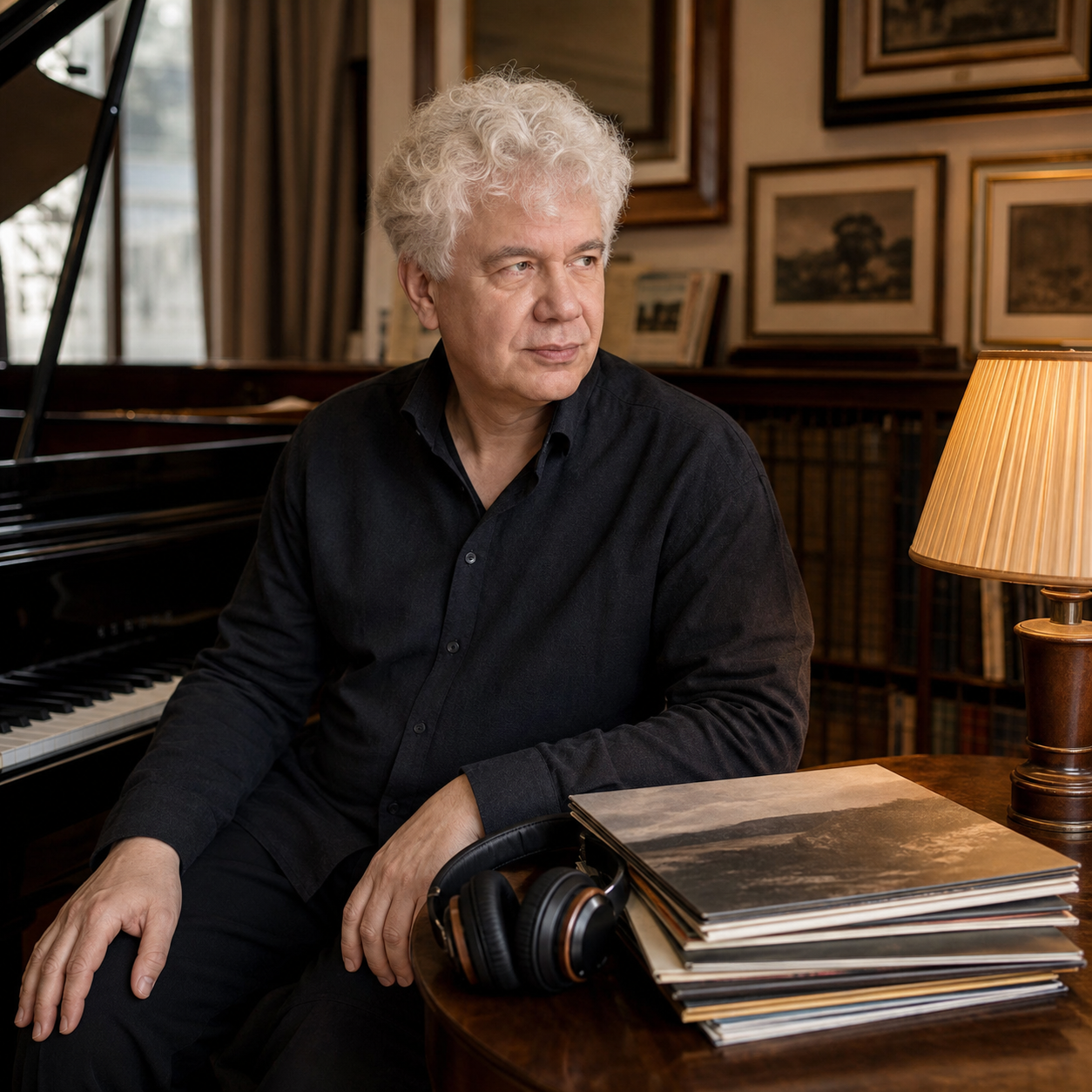 Serious listening setup with recordings beside a grand piano for a Nikolai Demidenko guide