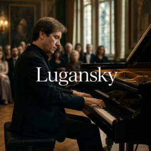 Nikolai Lugansky article hero with centred Lugansky title in a refined London recital room