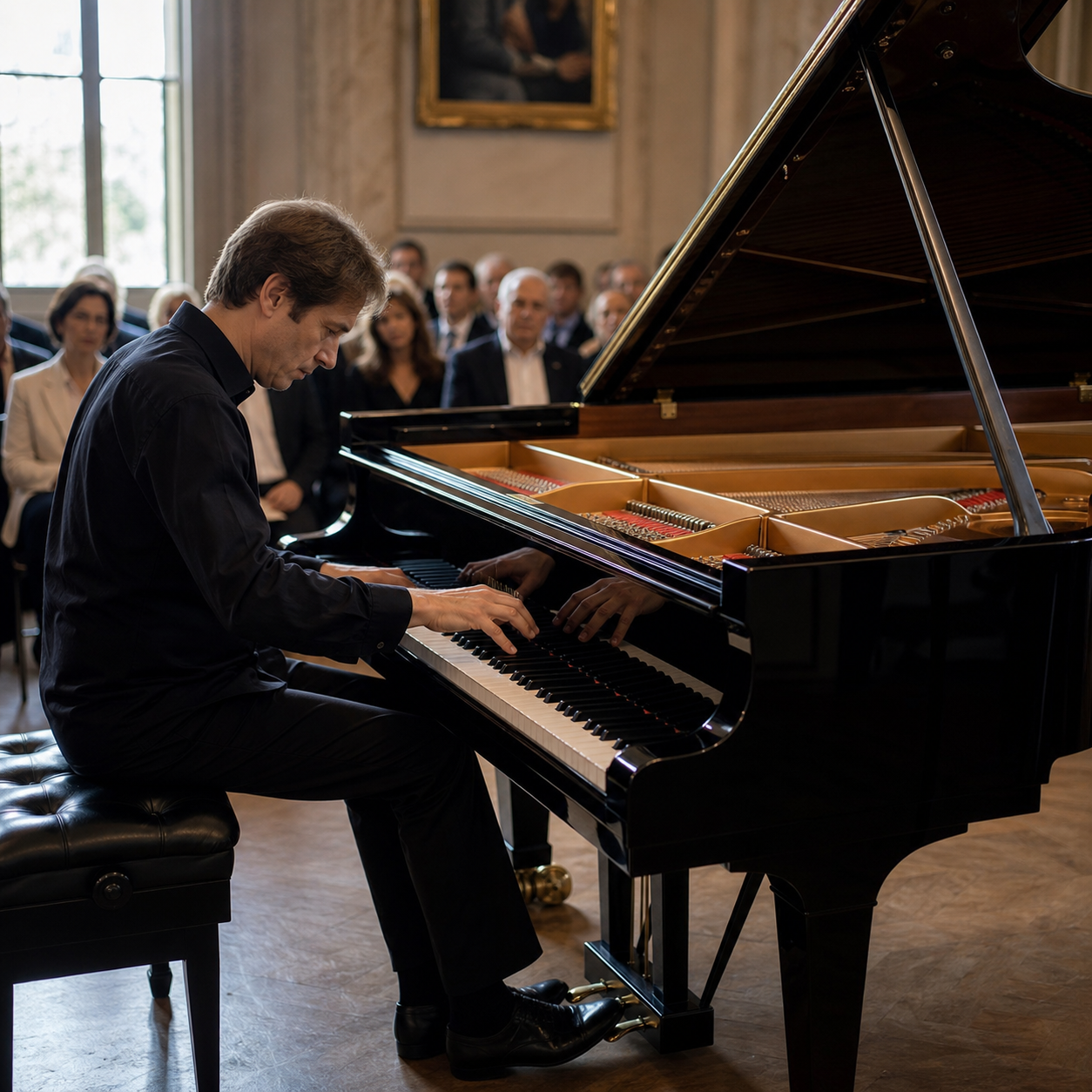 Nikolai Lugansky tone colour and voicing at a complete grand piano in a London recital room