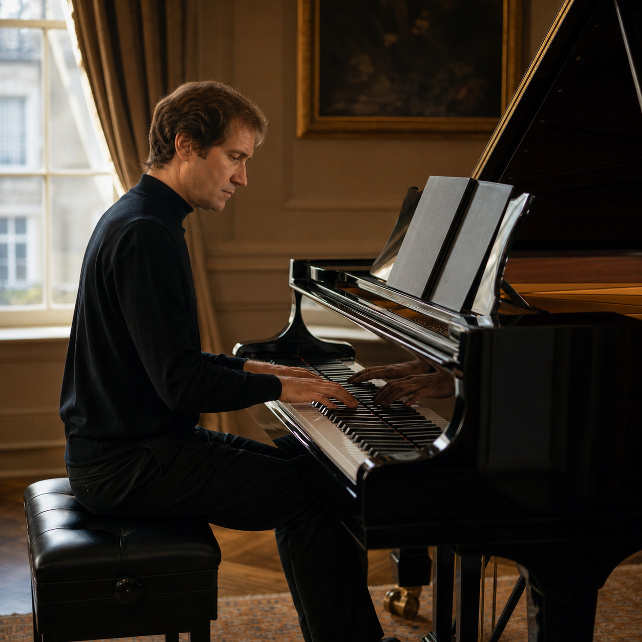 Nikolai Lugansky biography and musical formation image beside a complete grand piano