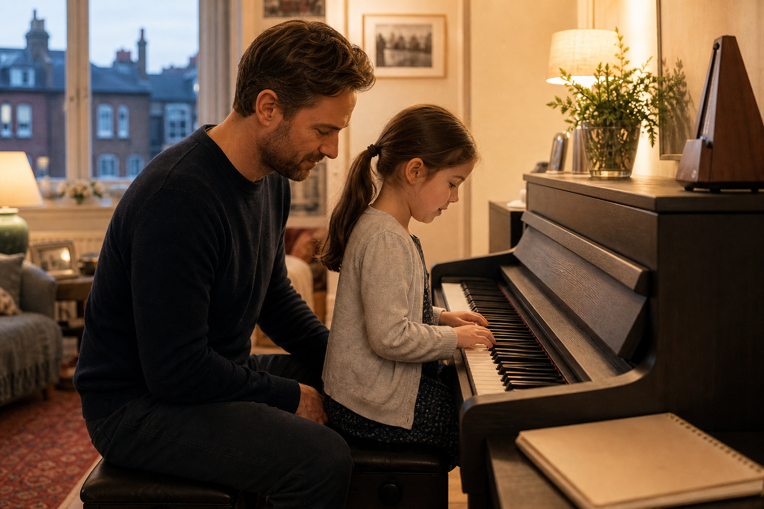 Parent supporting a child during a calm first month piano practice routine at home