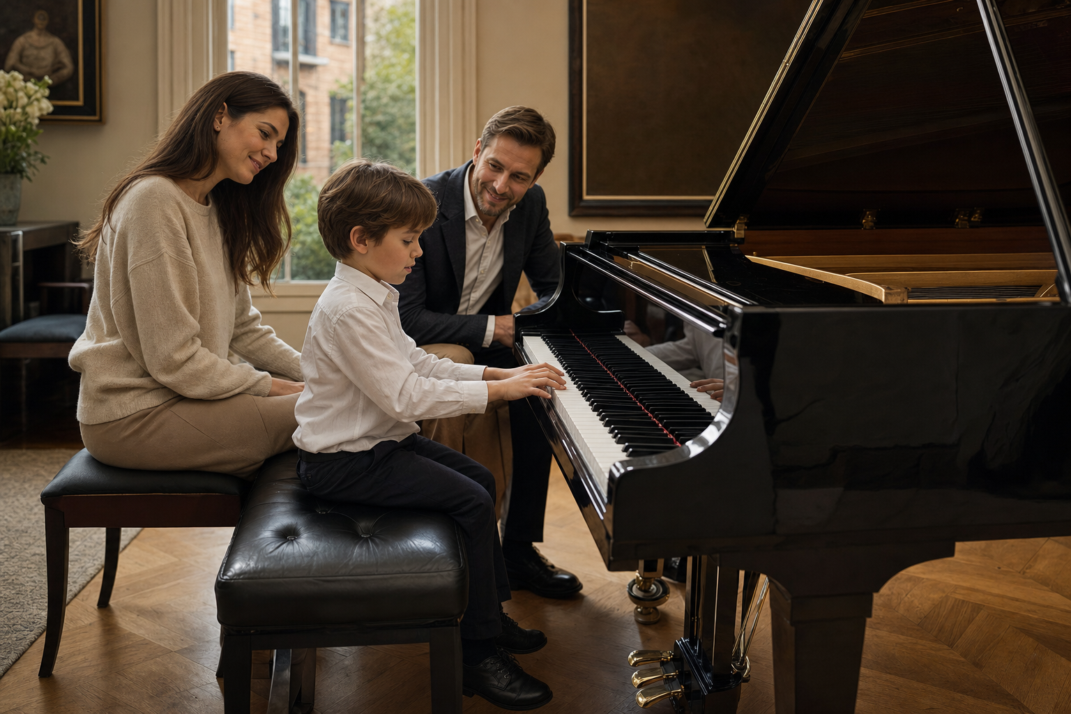 Child at a grand piano with parent and teacher assessing readiness for piano lessons