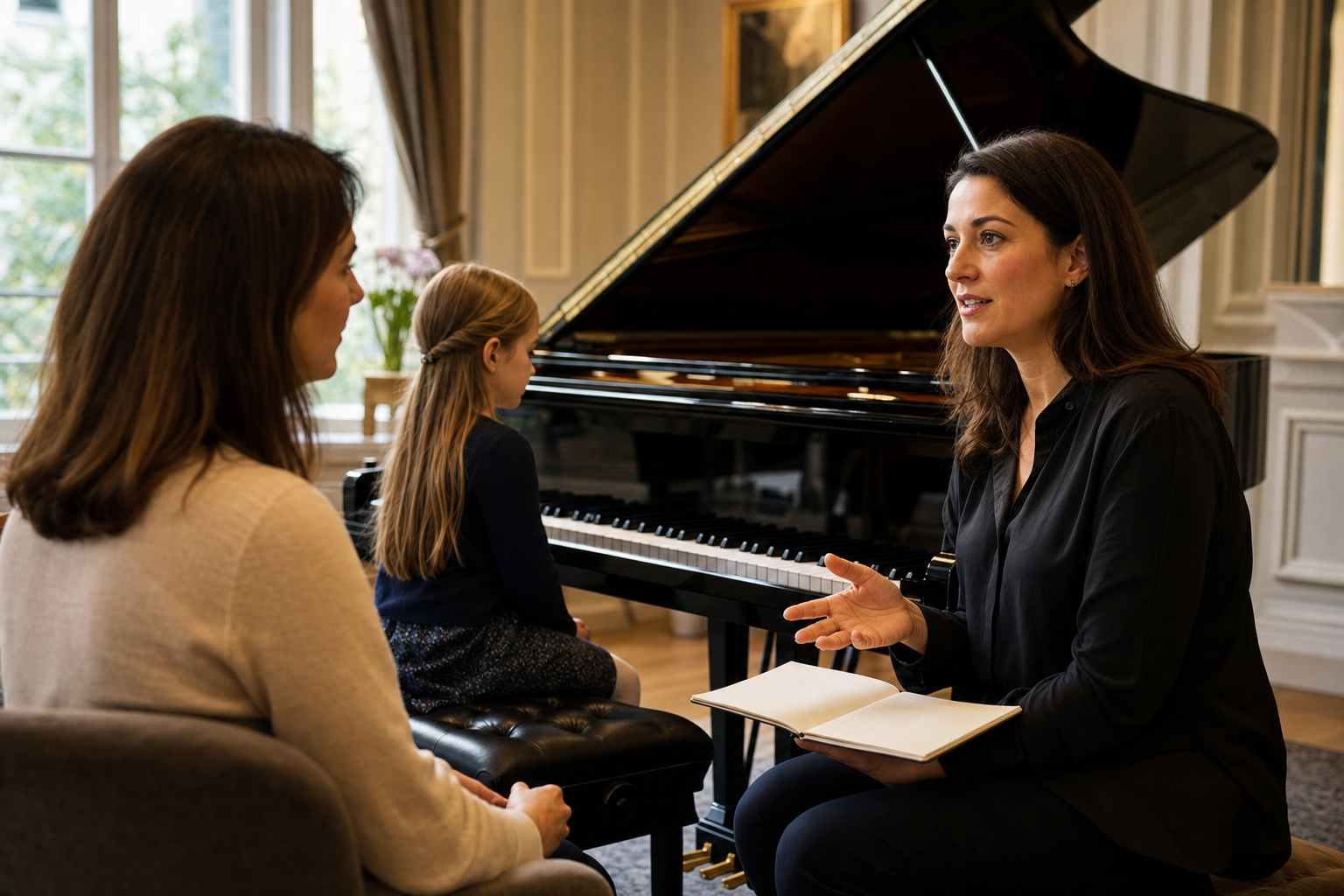Parent consulting a piano teacher while a child sits at the grand piano