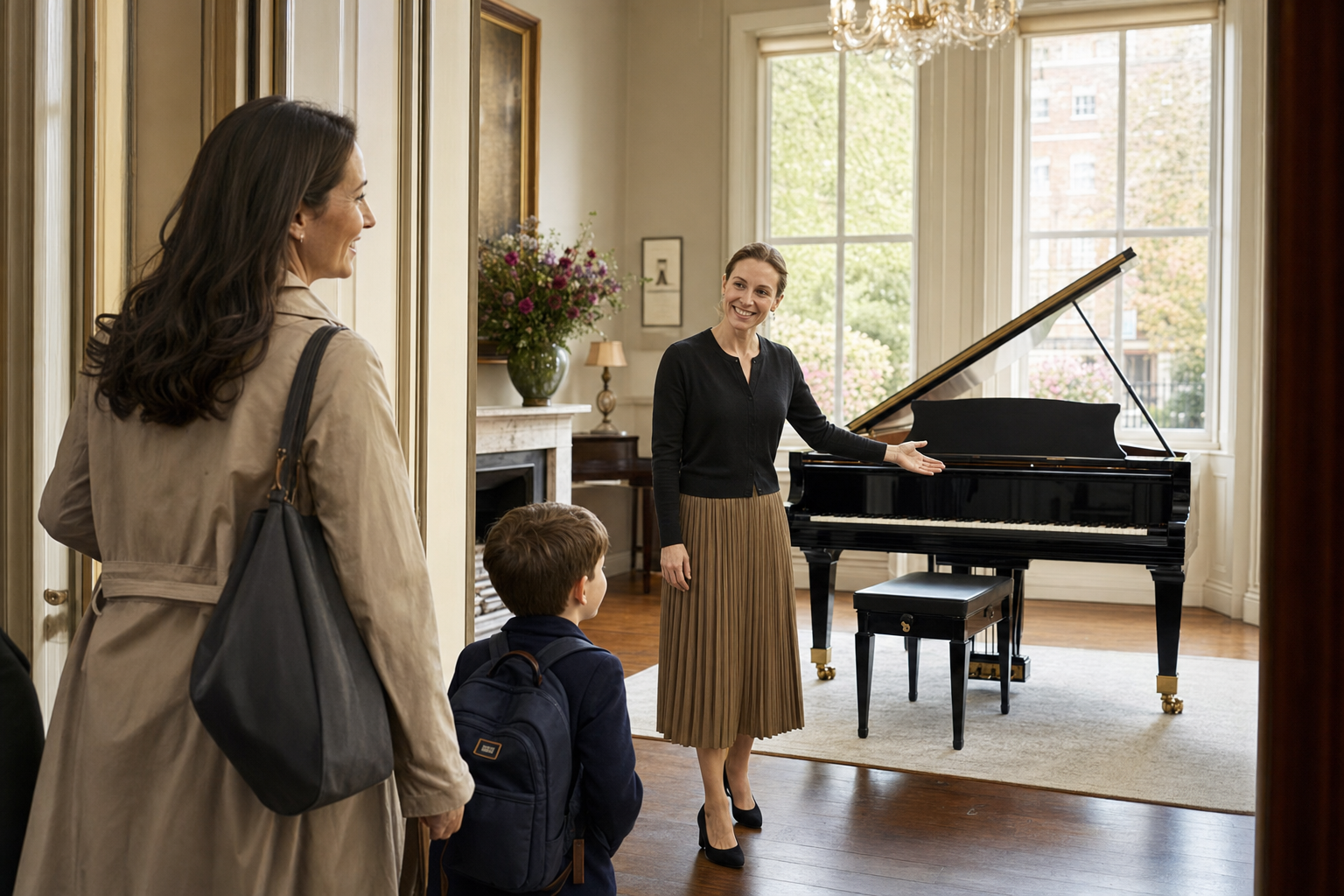Parent and child arriving for a trial piano lesson in a refined London studio