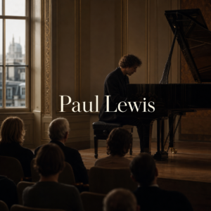 Paul Lewis pianist article hero with centred Paul Lewis title in a refined London recital room