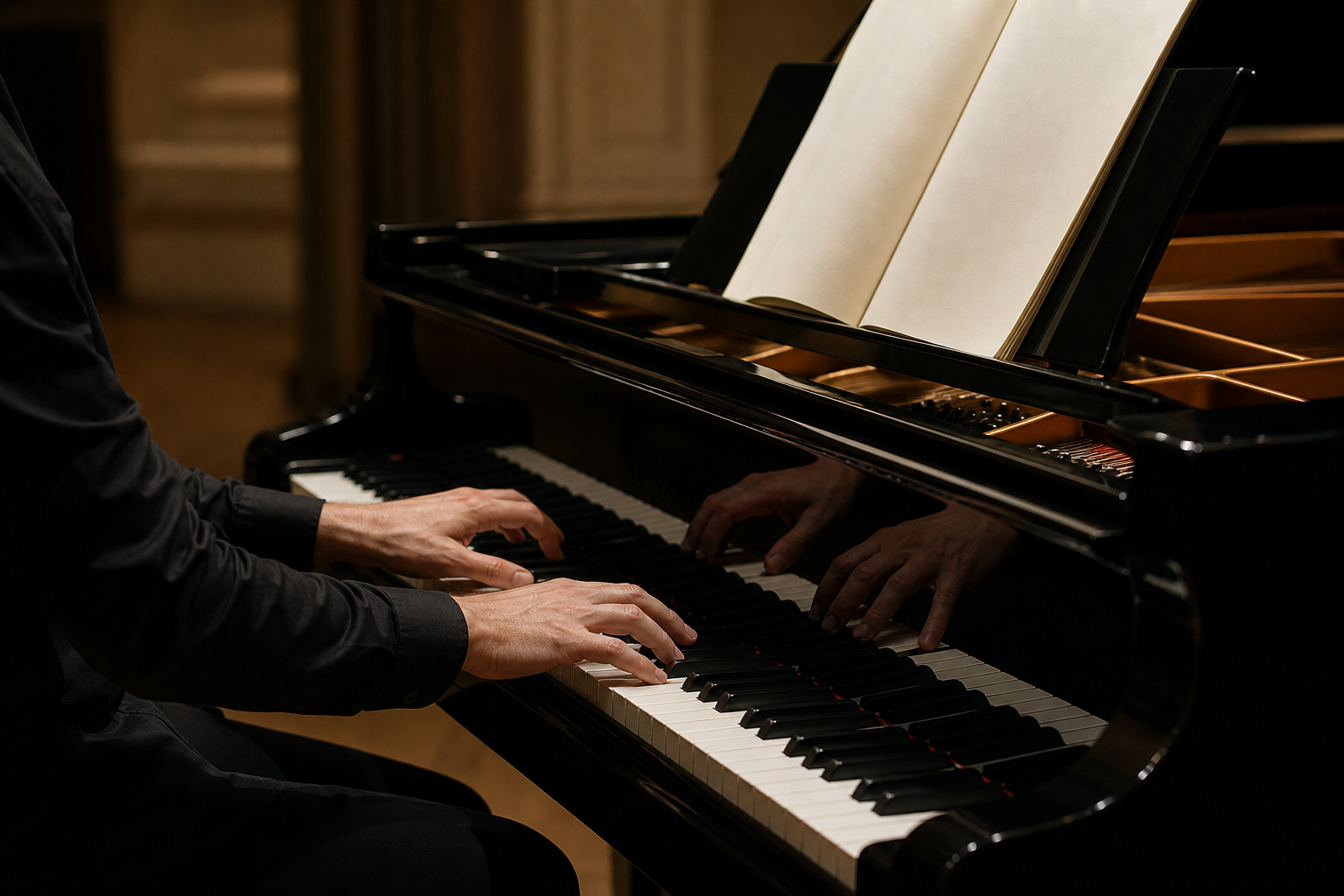 Paul Lewis pianist Beethoven and Schubert repertoire image with plausible hands at a complete grand piano keyboard