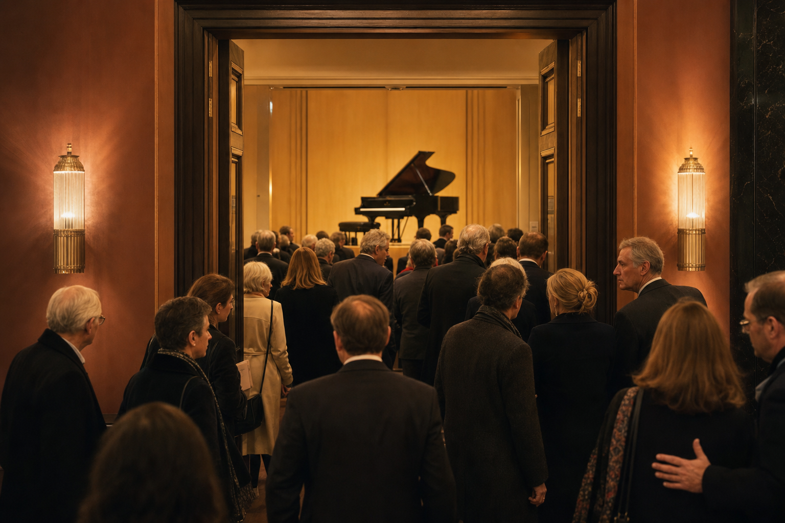 Paul Lewis pianist London recital culture with audience entering a refined piano hall