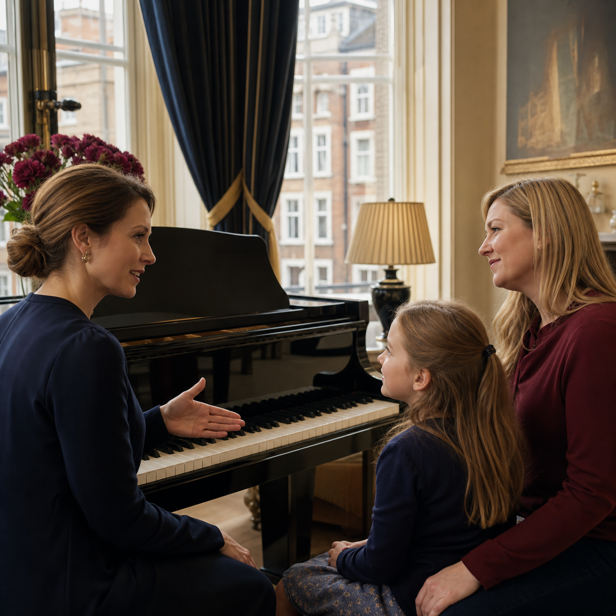 Teacher explaining piano grade and exam-board choices to a parent and child