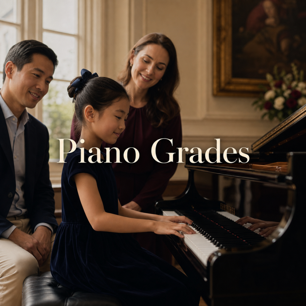 Piano grades explained for parents with a young pianist, teacher and supportive family