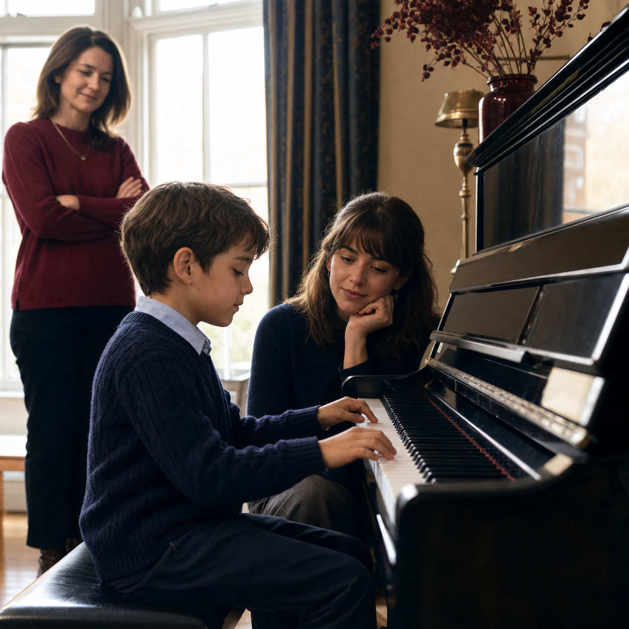 Child showing piano exam readiness while a teacher listens and a parent offers calm support