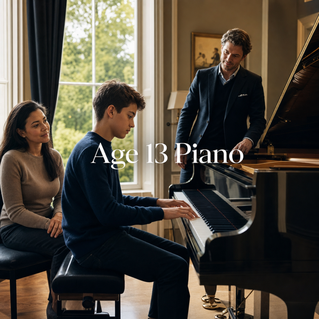 Piano lessons for 13 year olds in a London studio with a teenager, parent and teacher at a grand piano