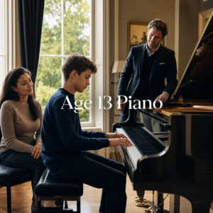 Piano lessons for 13 year olds in a London studio with a teenager, parent and teacher at a grand piano