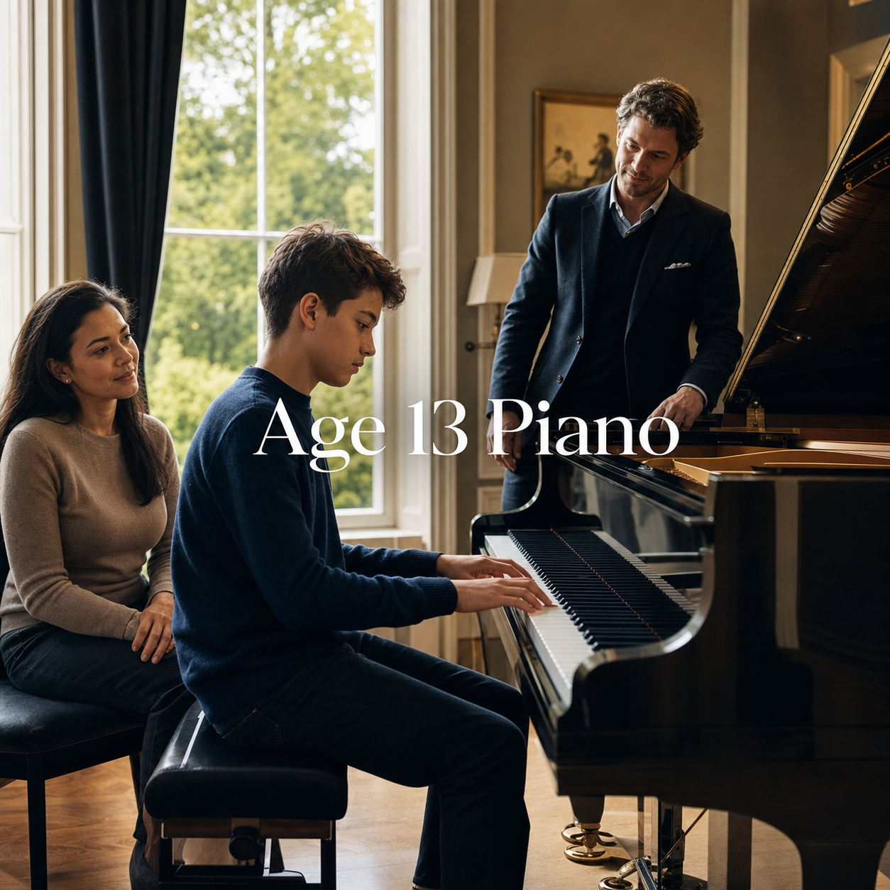 Piano lessons for 13 year olds in a London studio with a teenager, parent and teacher at a grand piano