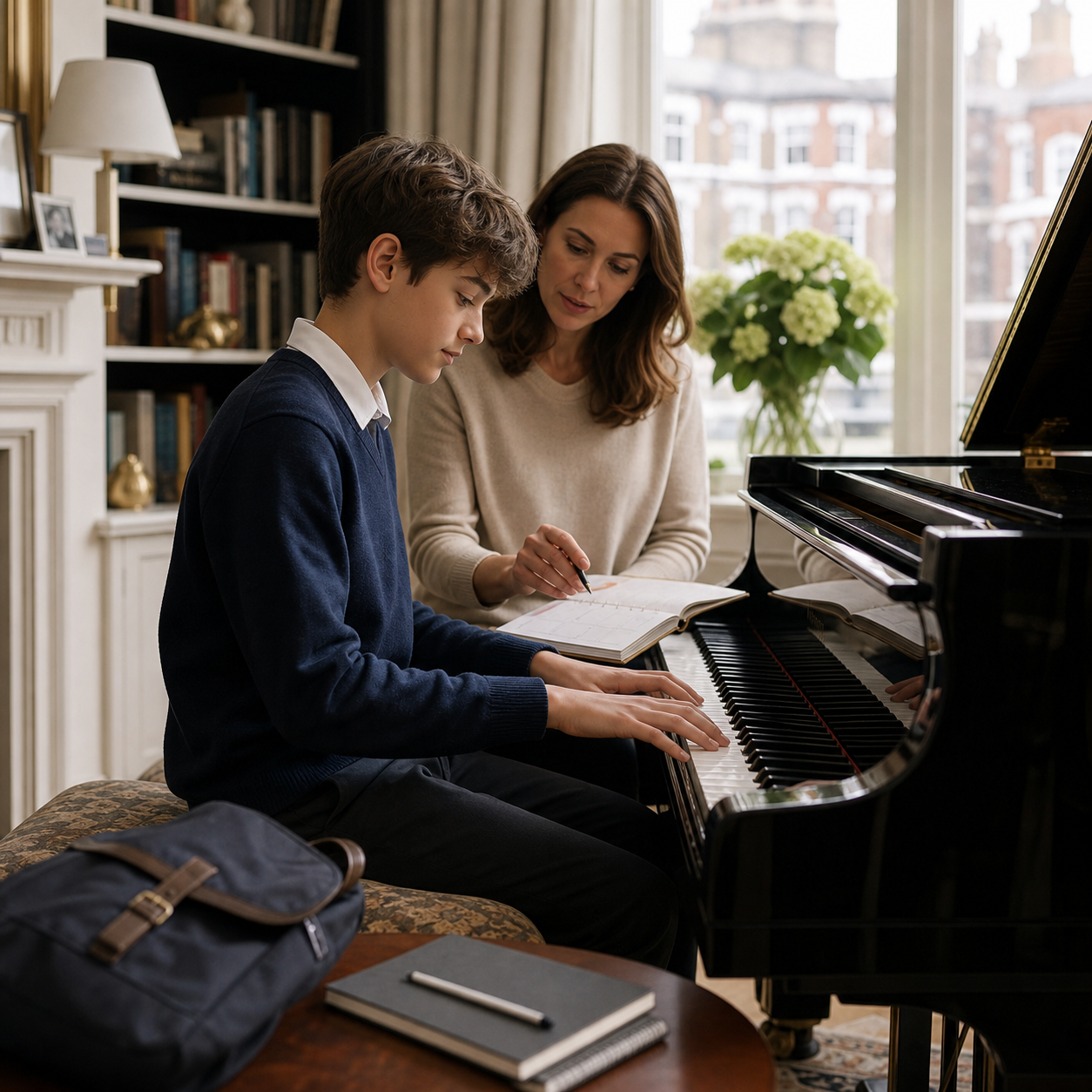 Parent and teenage pupil planning school week around piano lessons for 13 year olds at home