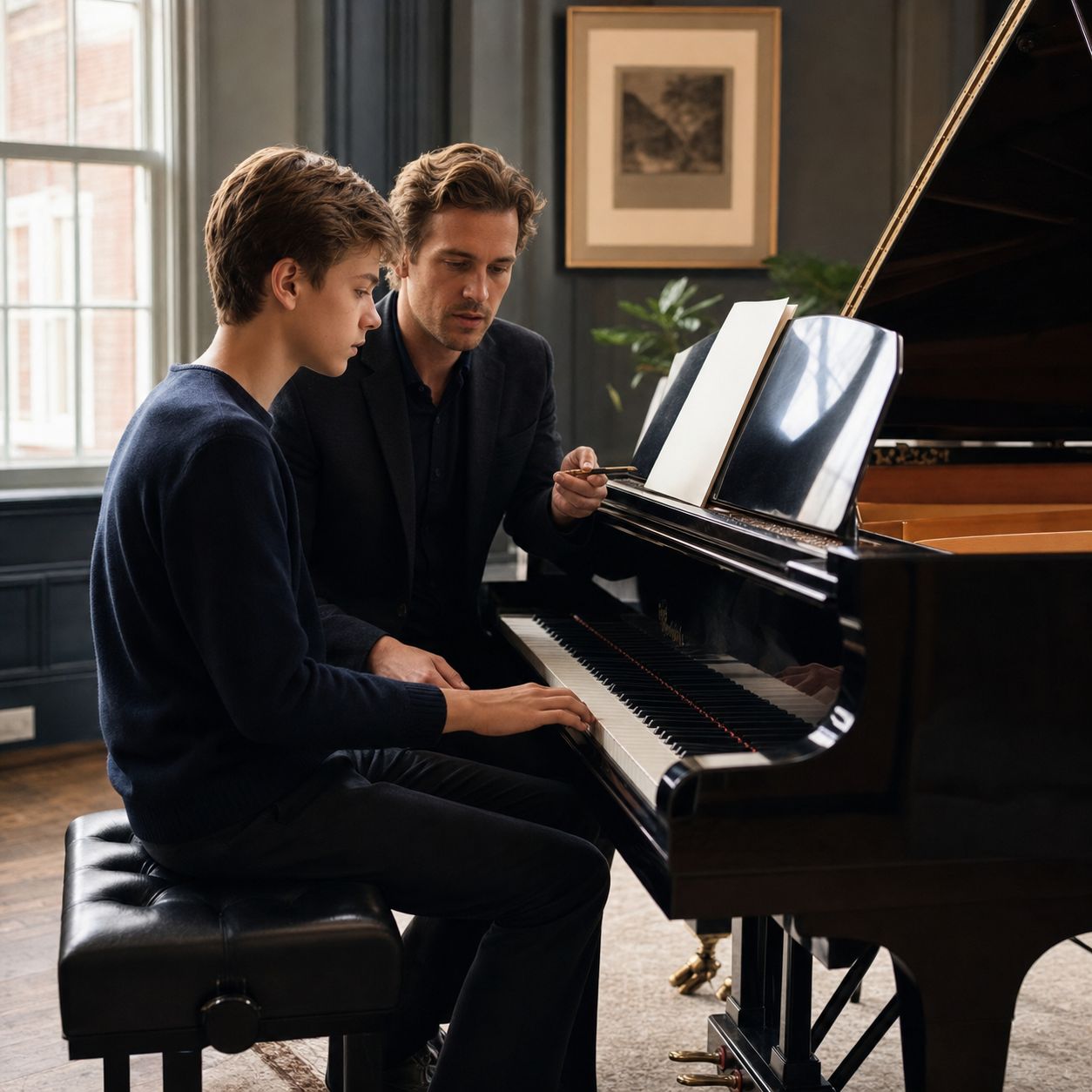 Teenage piano pupil and teacher discussing exam and non-exam pathways for piano lessons for 13 year olds