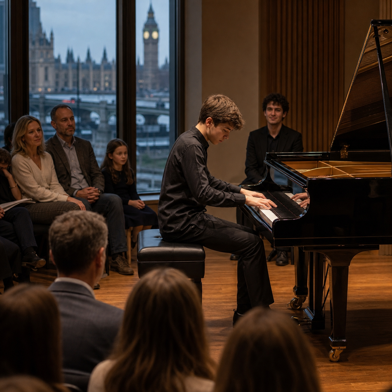 Teenage pianist performing confidently at a London student recital after piano lessons for 13 year olds