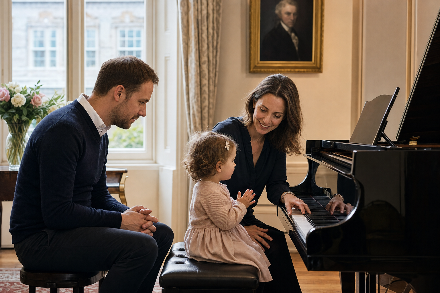 Two year old showing readiness signs at a piano with parent and teacher