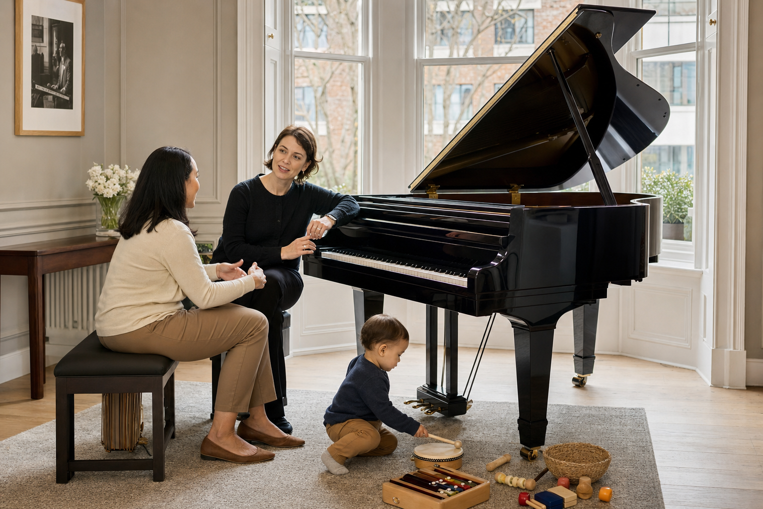 Parent discussing group private and parent child piano lesson options for a toddler