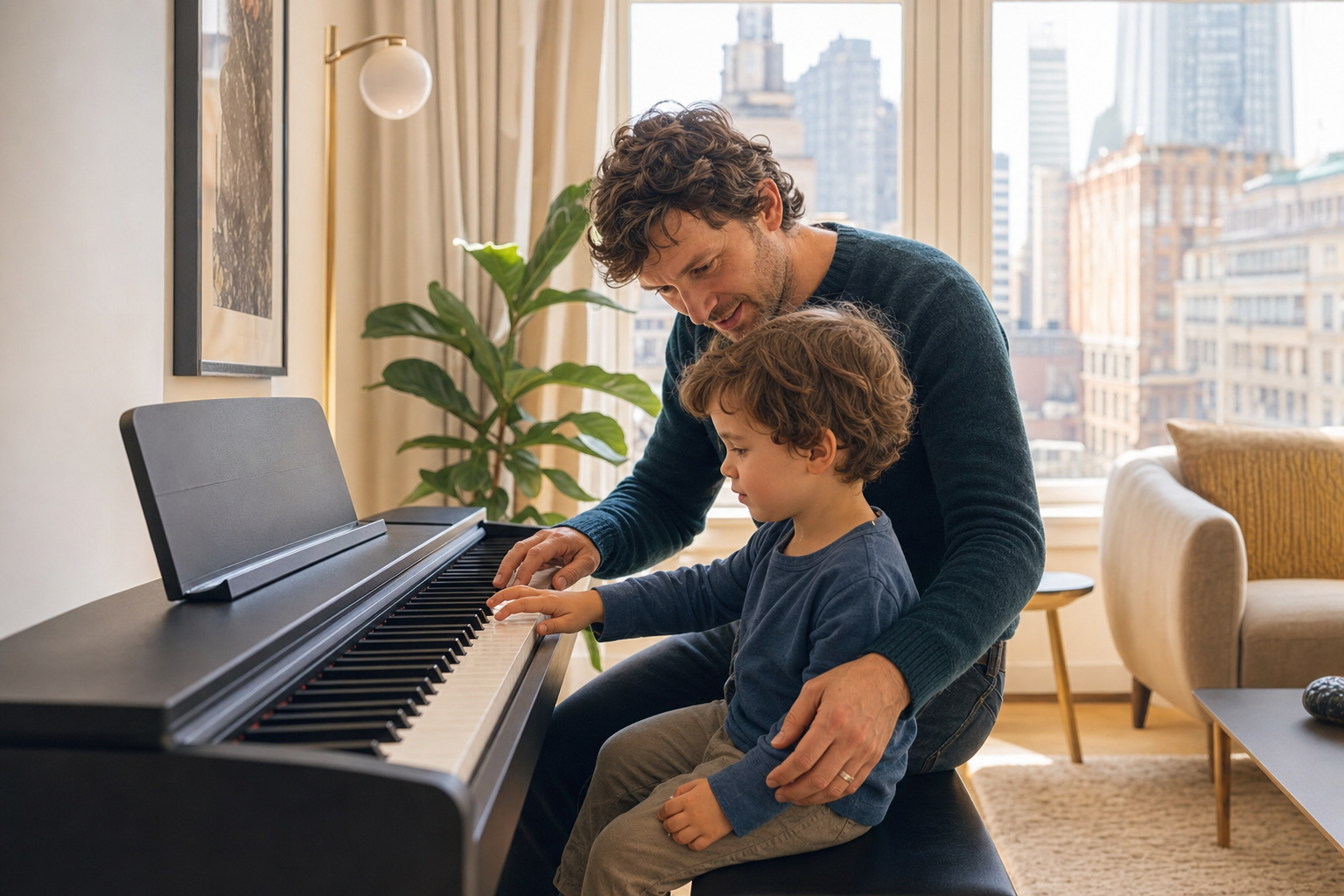 parent supporting a short home piano routine with a three year old child