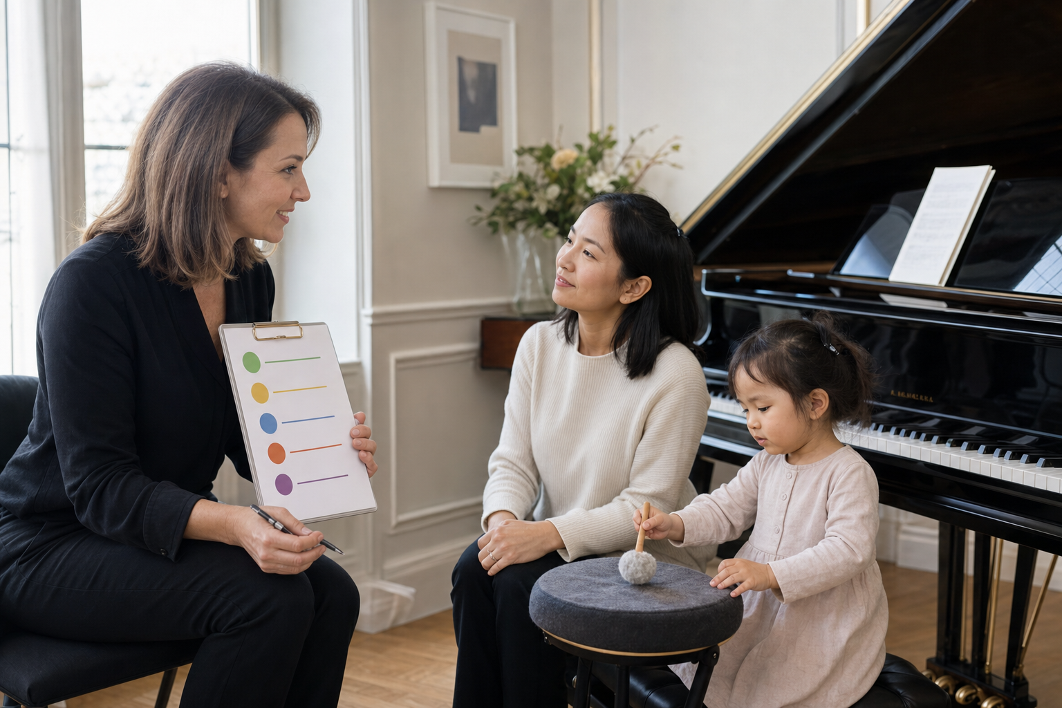 teacher consultation about formal piano lessons or play based music for a three year old