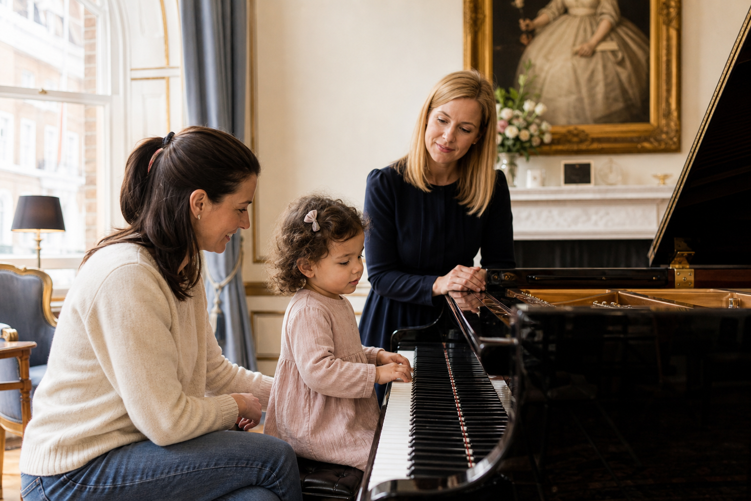 three year old child exploring piano readiness with parent and teacher