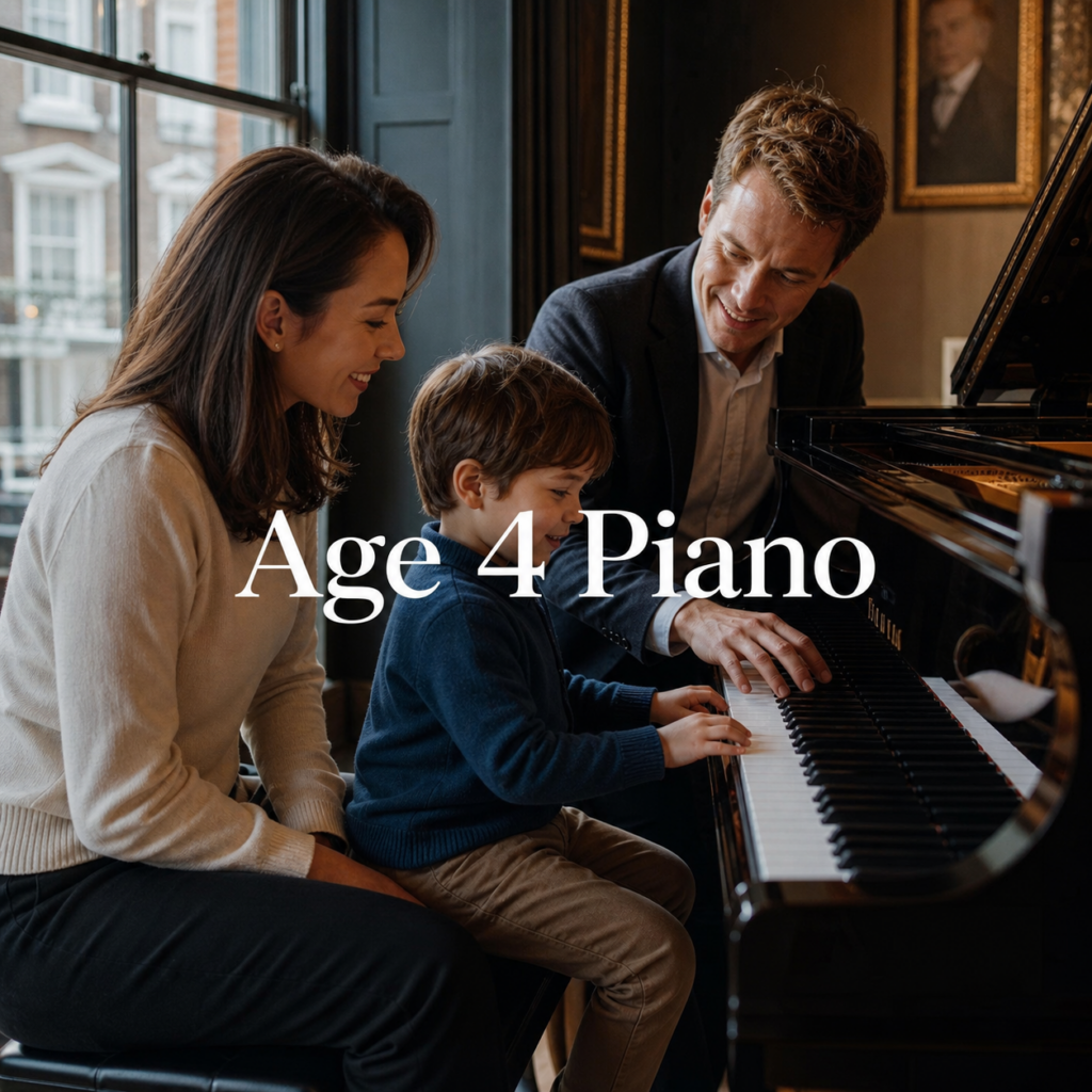 Piano lessons for 4 year olds in a London studio with a child, parent and teacher at a grand piano