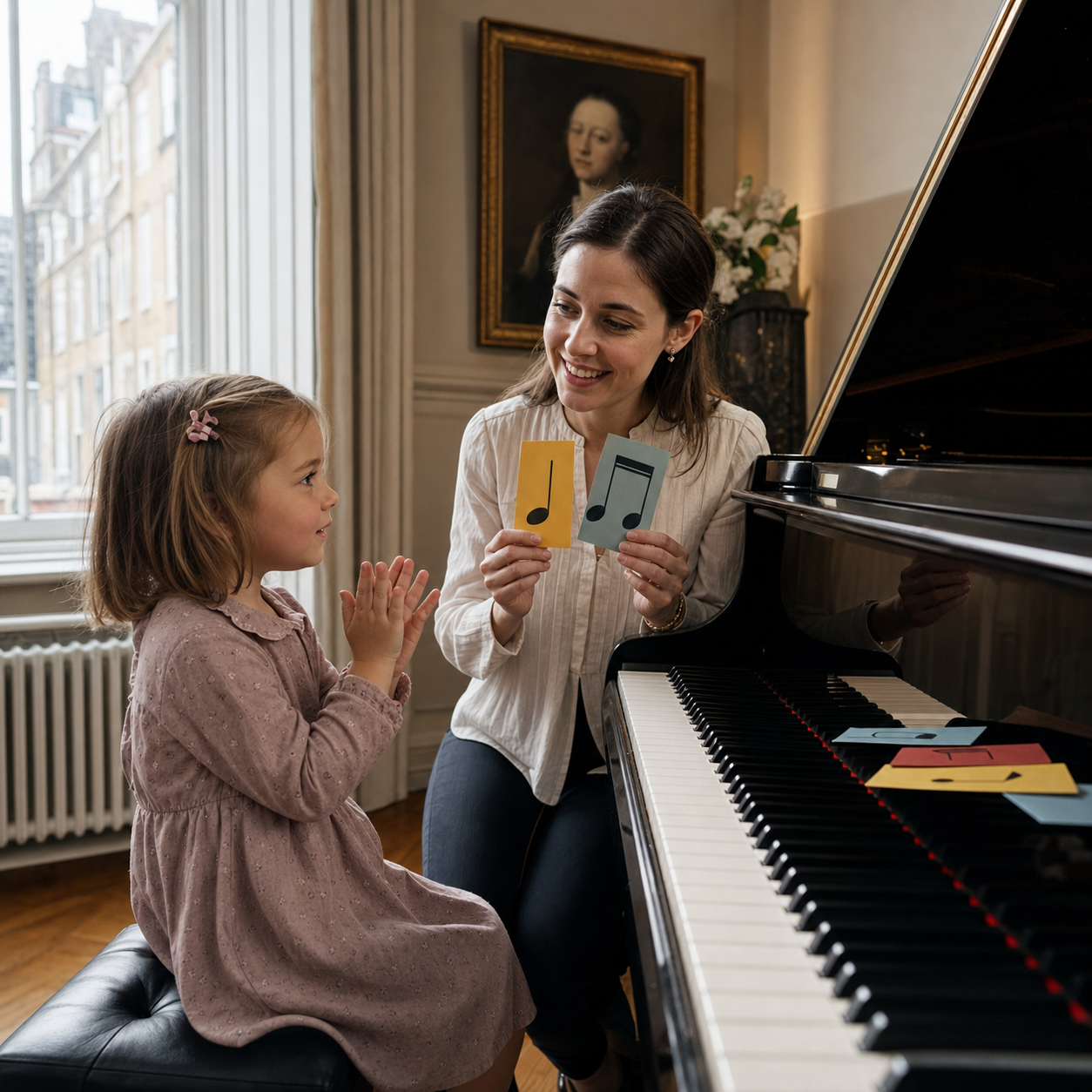 Play based piano lessons for 4 year olds using rhythm and listening games in a London studio