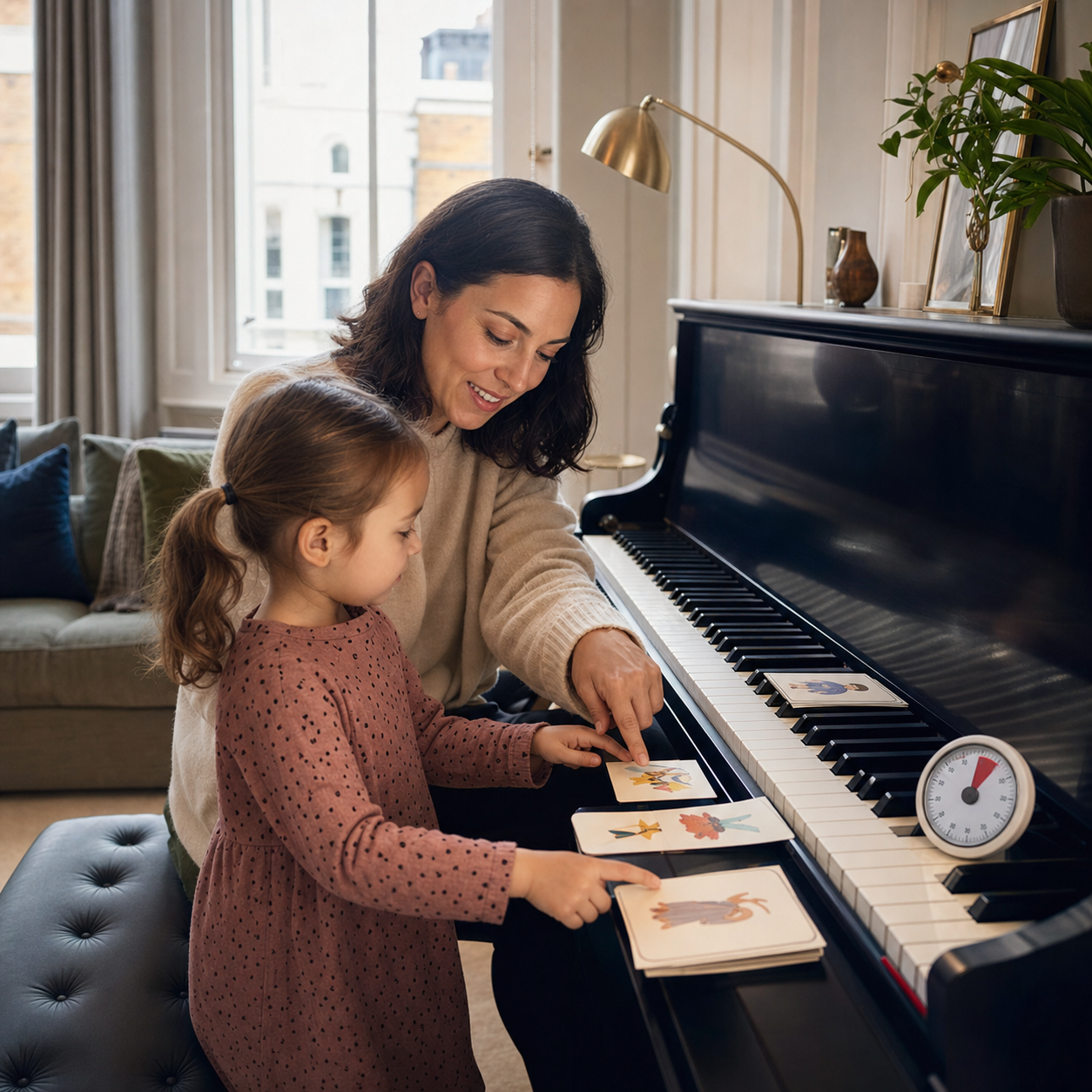 Parent and four year old child preparing short home routines for piano lessons for 4 year olds