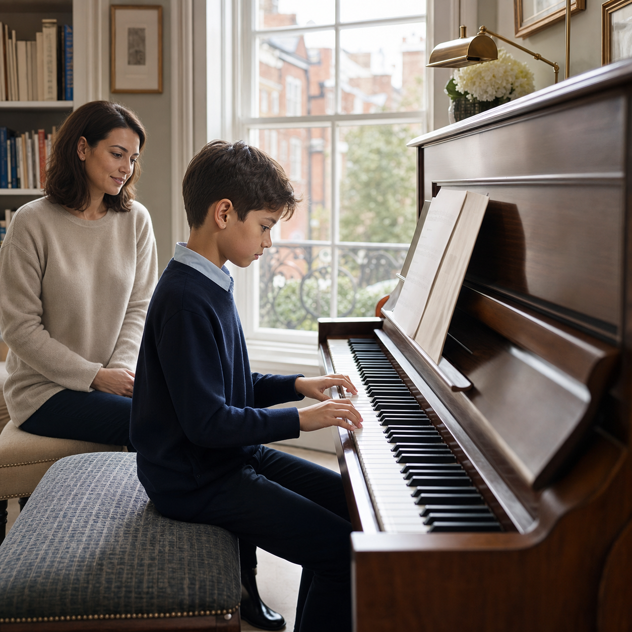 Nine-year-old piano pupil reading music with a parent nearby in a London home
