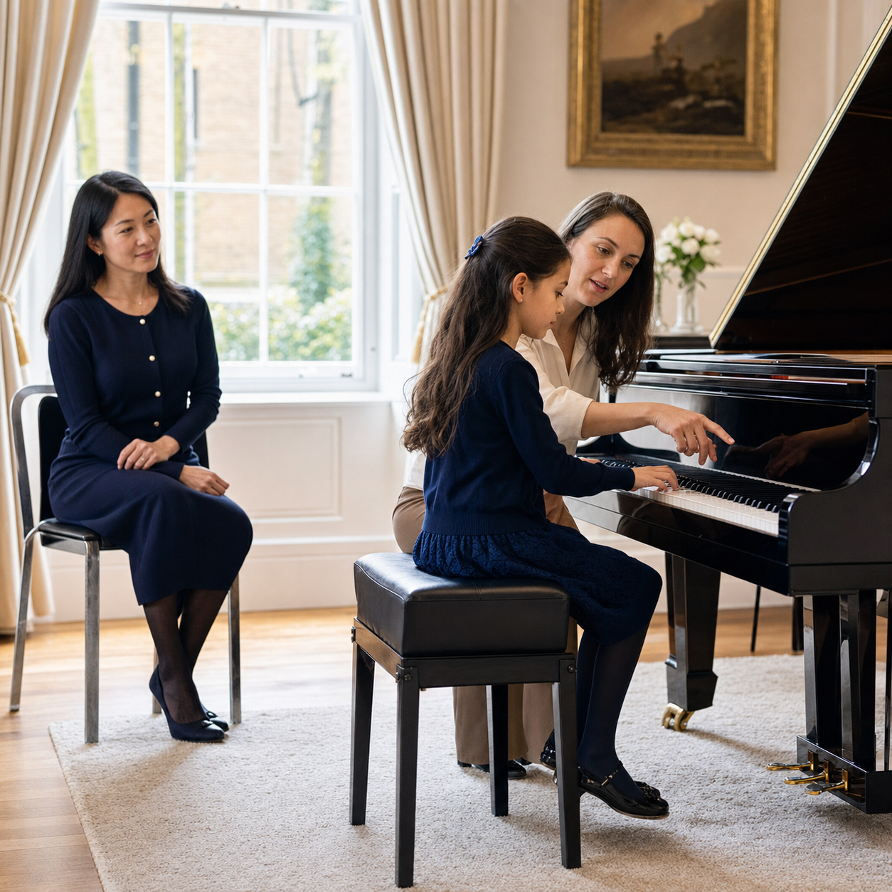 Piano assessment lesson for a nine-year-old child with teacher and parent