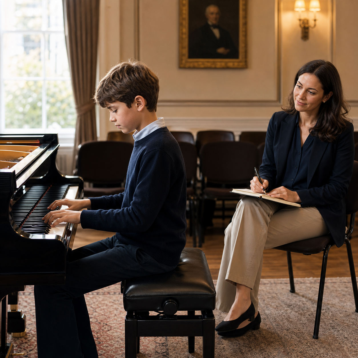 Nine-year-old piano pupil playing while a teacher notes learning milestones