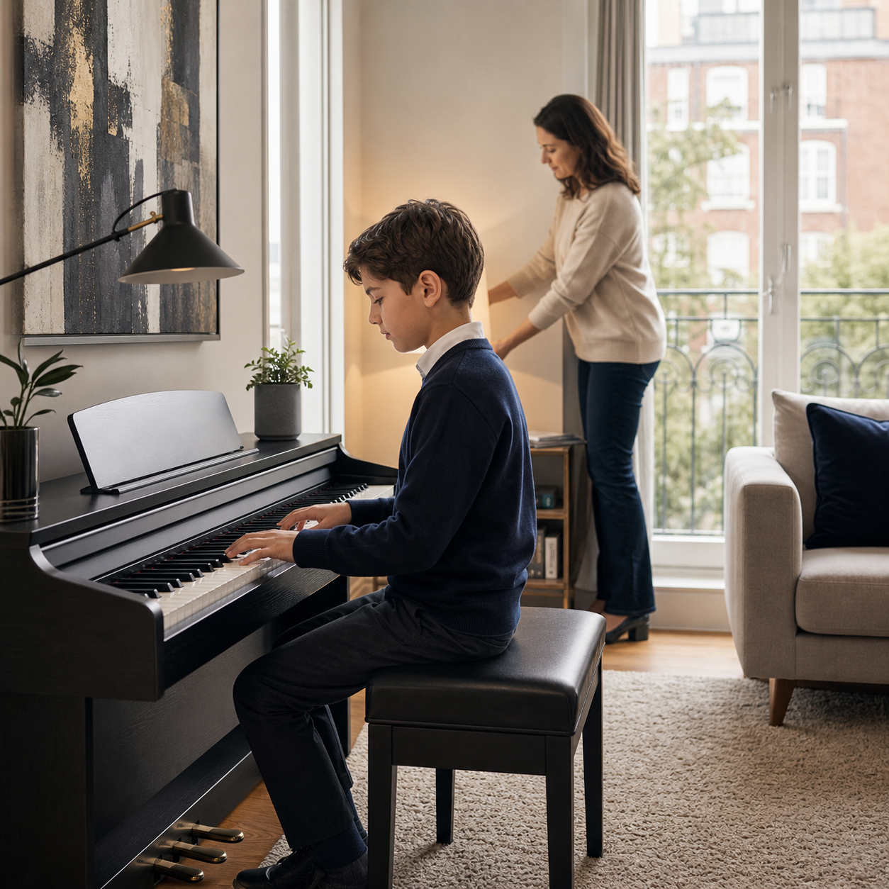 Nine-year-old practising piano at home with a parent setting up a quiet London flat
