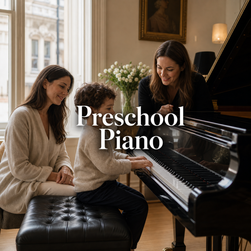 Piano lessons for preschoolers in a London studio with a young child, parent and teacher