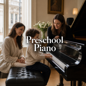 Piano lessons for preschoolers in a London studio with a young child, parent and teacher