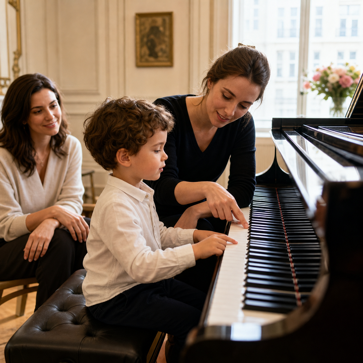Preschool child exploring piano sounds with a teacher and parent in a London studio