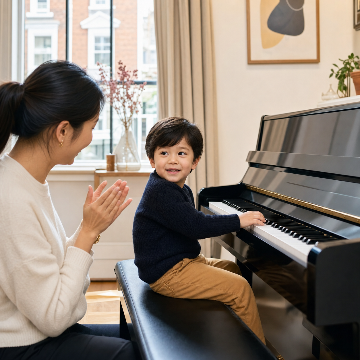 Parent supporting a short home music routine for a preschool piano beginner