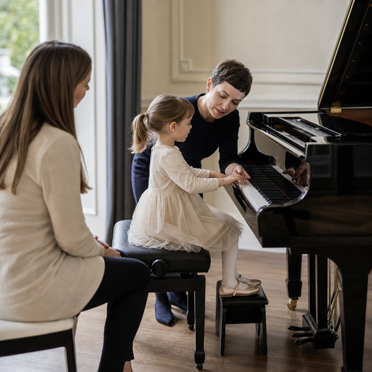 Piano teacher checking healthy sitting height and hand comfort for a preschool child
