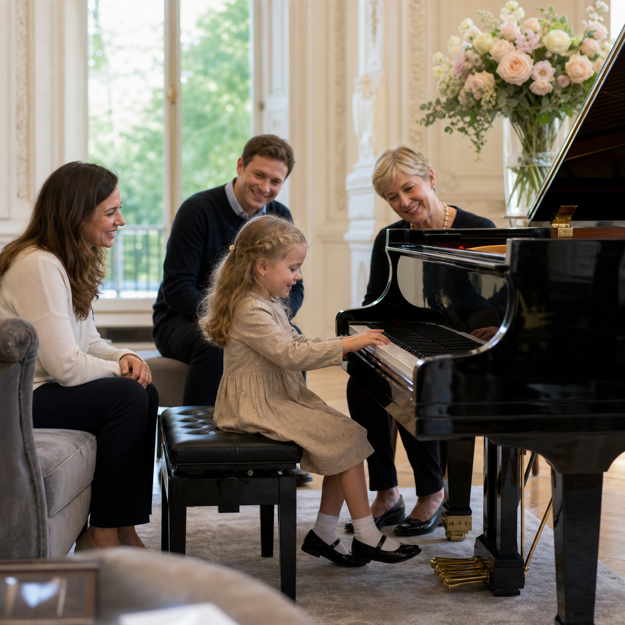Preschool child sharing first piano progress with parent and teacher