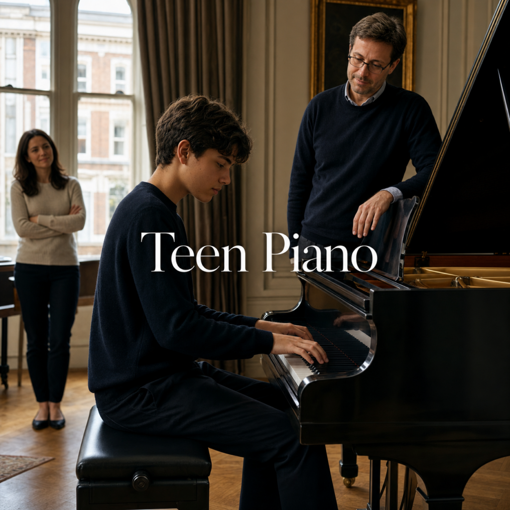Piano lessons for teenagers in a London studio with teacher and parent support