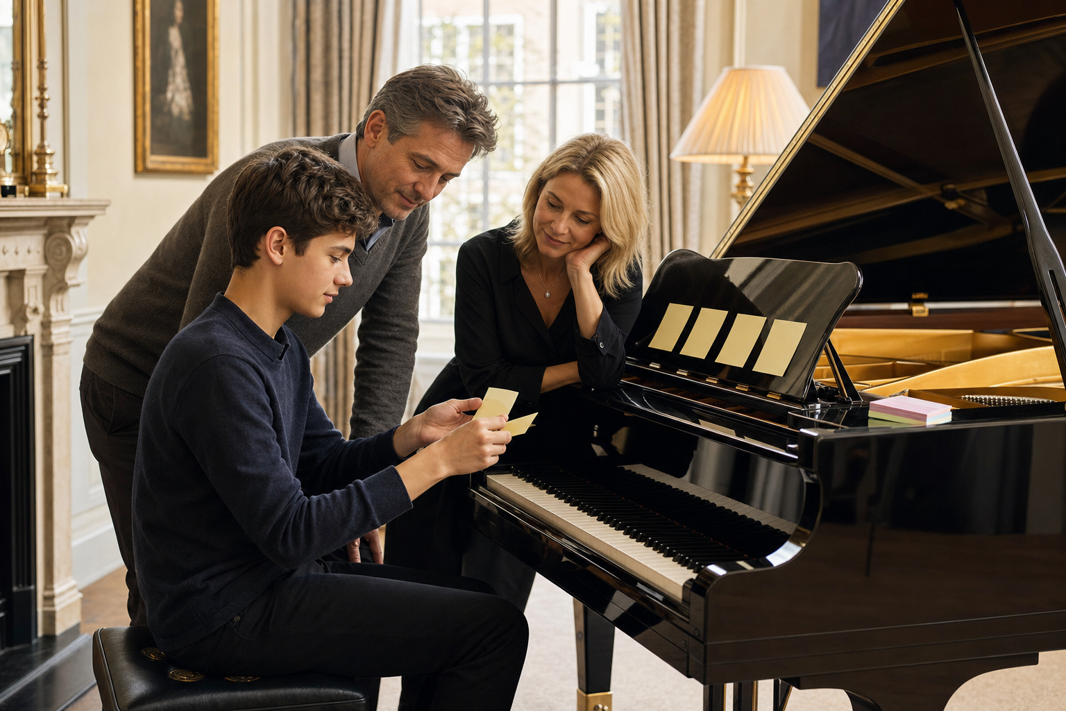 Teenage piano student performing in a small London recital room