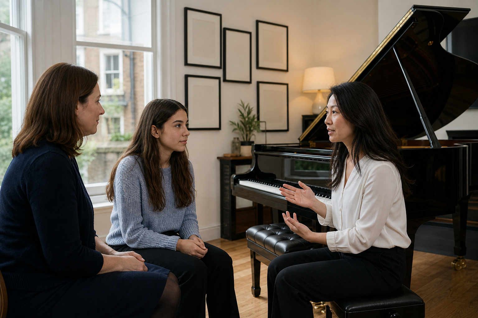 Teenage piano pupil choosing goals with parent and teacher support