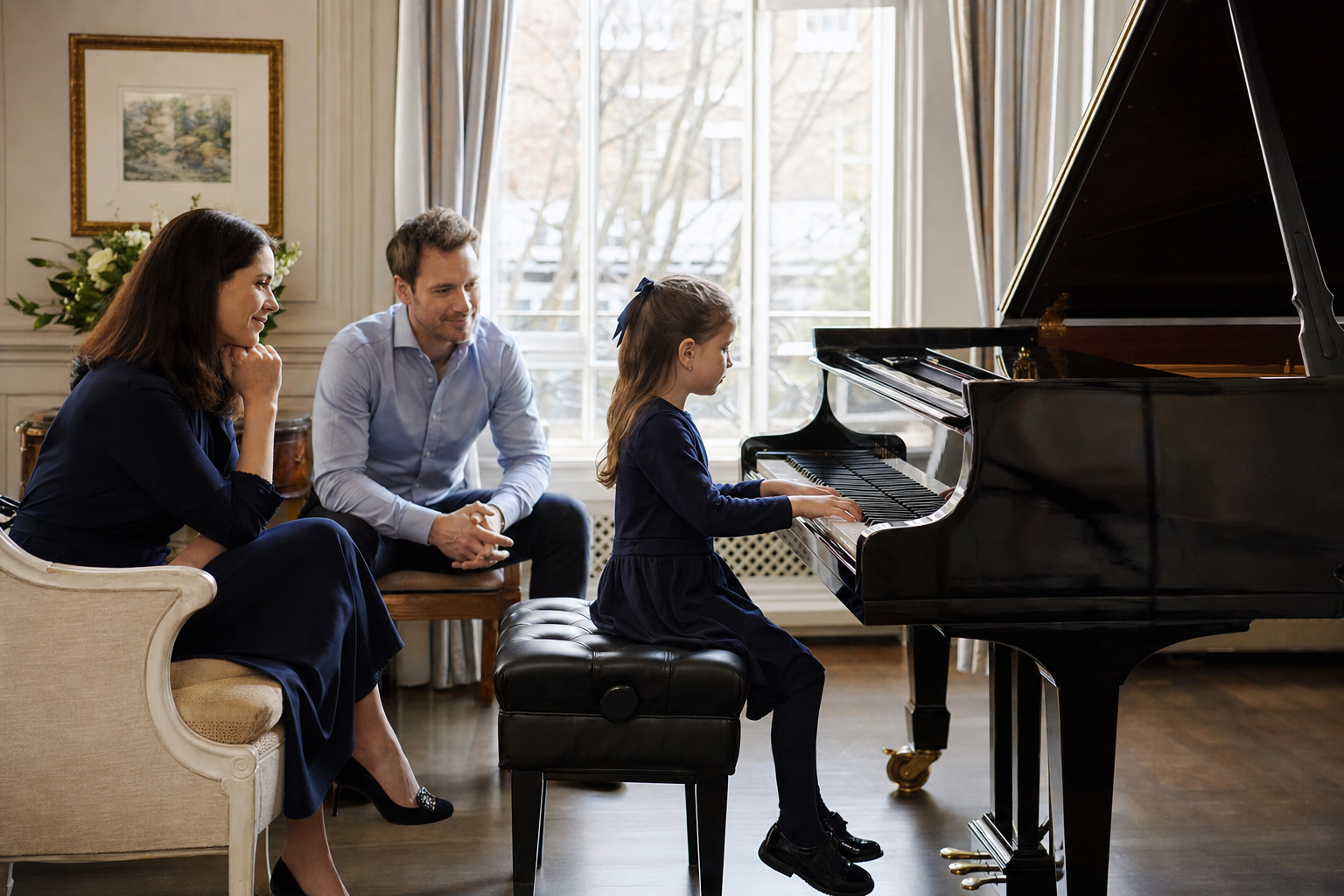 Young piano beginner building confidence in a supportive studio performance moment