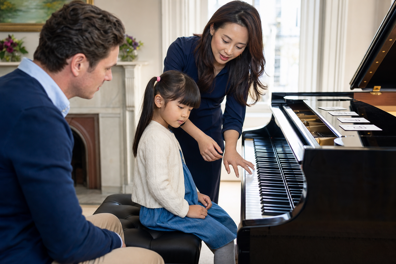 First piano lesson for a young beginner with teacher guidance at a grand piano