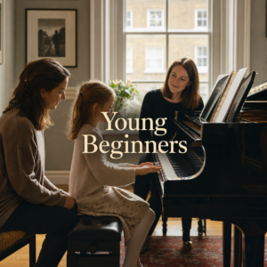 Piano lessons for young beginners parent guide with centred Young Beginners title in a London piano studio