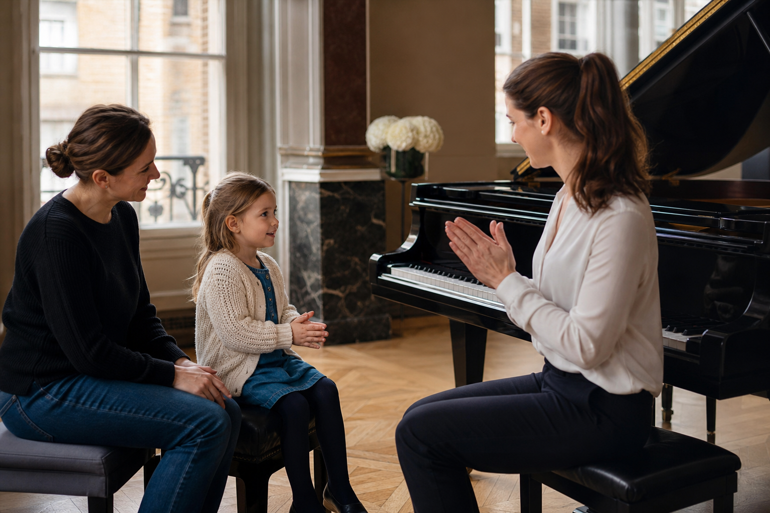 Young beginner piano readiness lesson with parent child and teacher in a London studio