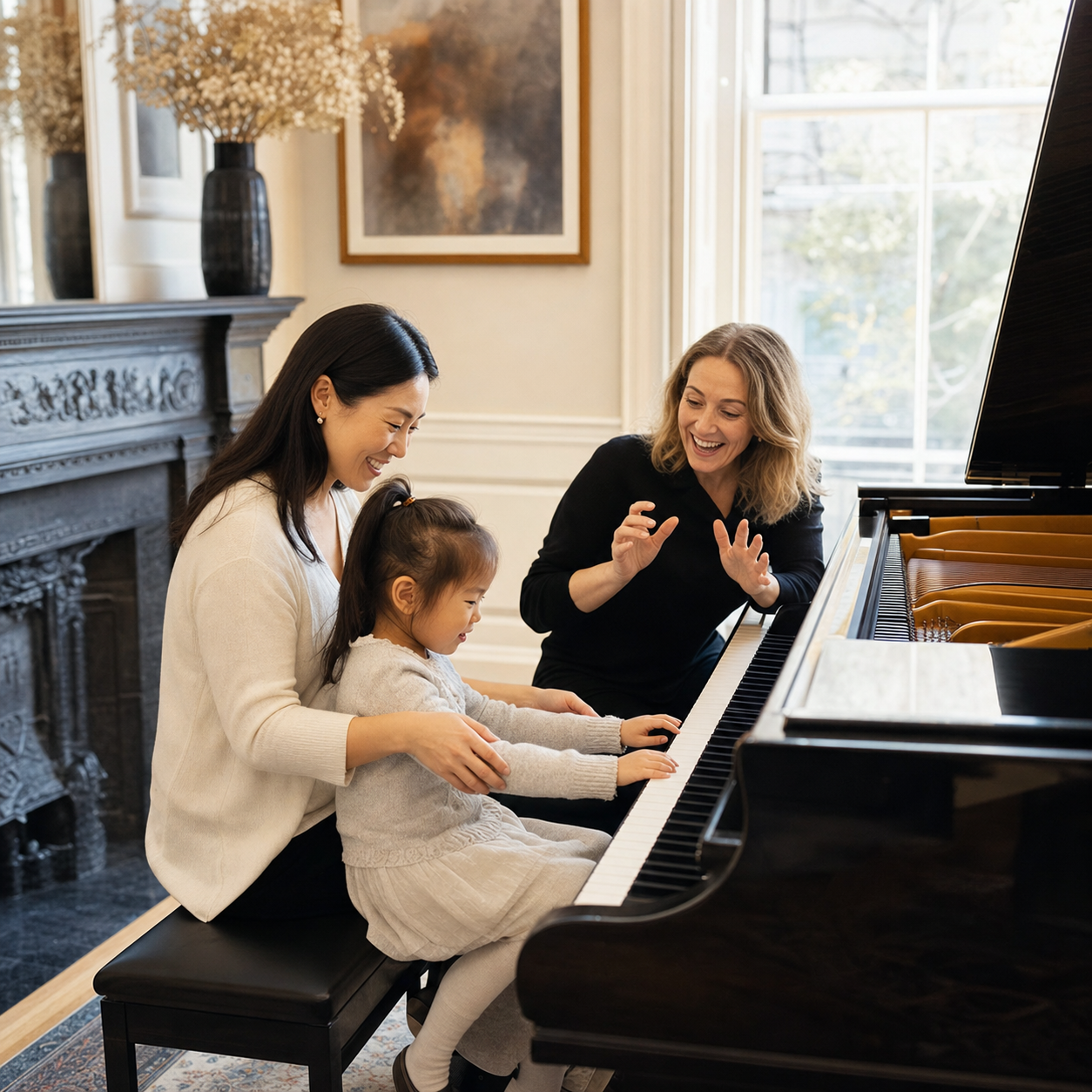 family piano lesson using piano nursery rhymes for a young child