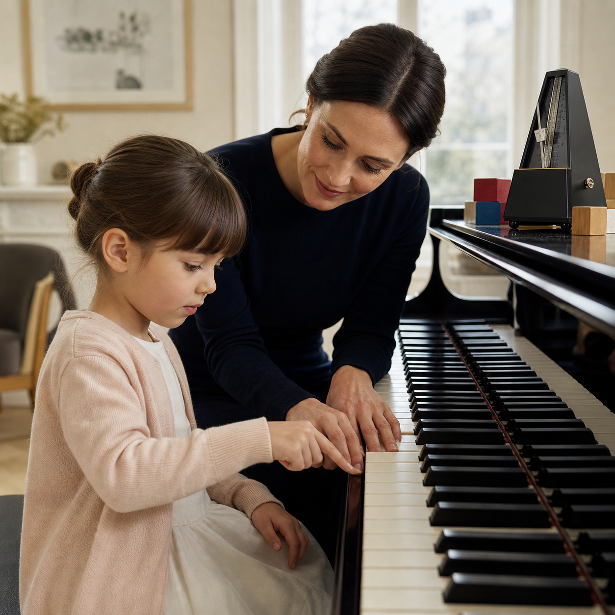 young beginner learning piano nursery rhymes with simple finger numbers