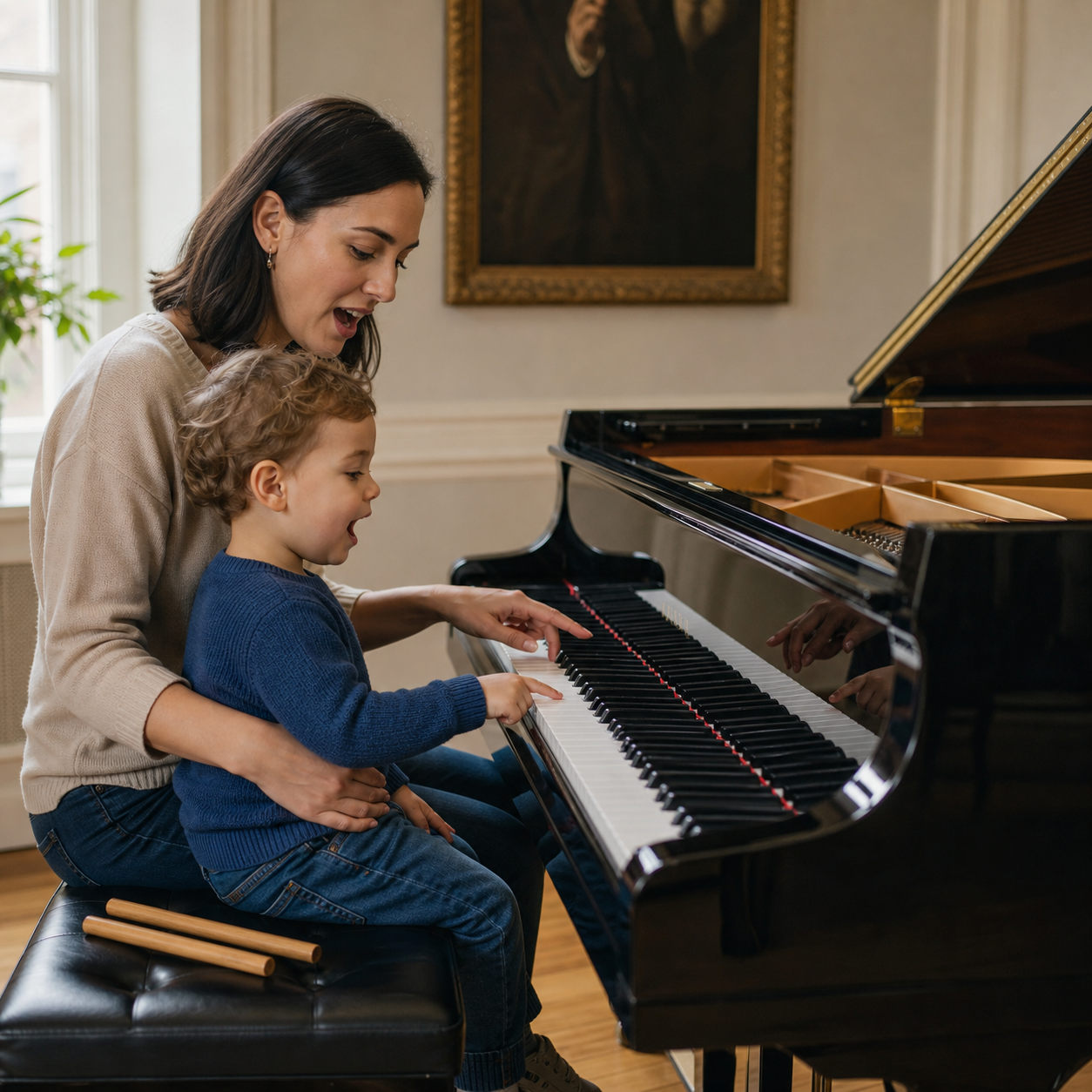 parent and young child singing piano nursery rhymes at a grand piano