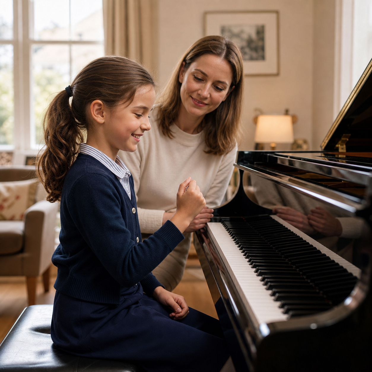 young piano pupil smiling after a calm practice repetition with parent nearby