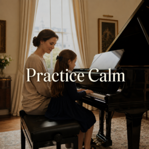 piano practice tips for parents with a calm parent and young learner at a grand piano